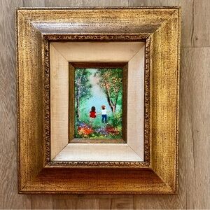 LOUIS‎ CARDIN Signed Enamel on Copper Painting, Gold Wood Frame, Kids In Forest